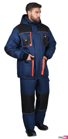 Костюм МАНХЕТТЕН-М куртка длинная и брюки, цвет тёмно-синий с черным и кирпичной отделкой