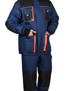 Костюм МАНХЕТТЕН-М куртка длинная и брюки, цвет тёмно-синий с черным и кирпичной отделкой