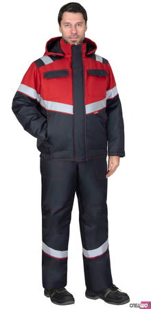 Костюм СИРИУС-НАВИГАТОР-1М куртка короткая и полукомбинезон цвет тёмно-серый с красным и СОП