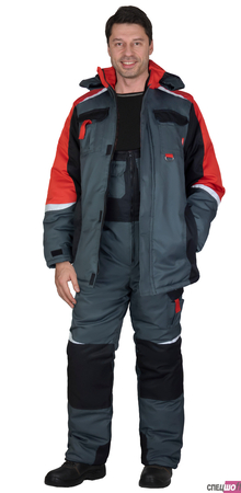 Костюм СИРИУС-ФАВОРИТ-МЕГА-РОСС зимний, куртка дл., п/к, тёмно-серый с красным, чёрным и СОП