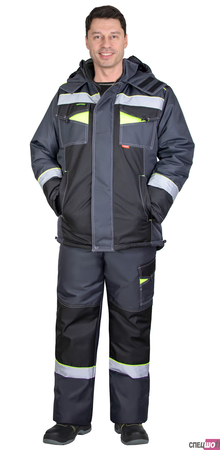 Костюм ХОВАРД-М куртка длинная и брюки, цвет темно-серый с черным, лимонной отделкой и СОП